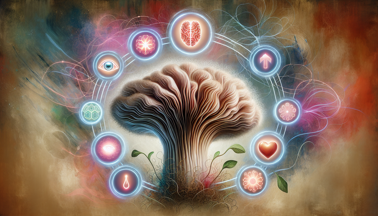 Een afbeelding die de gezondheidsvoordelen van lion's mane illustreert.