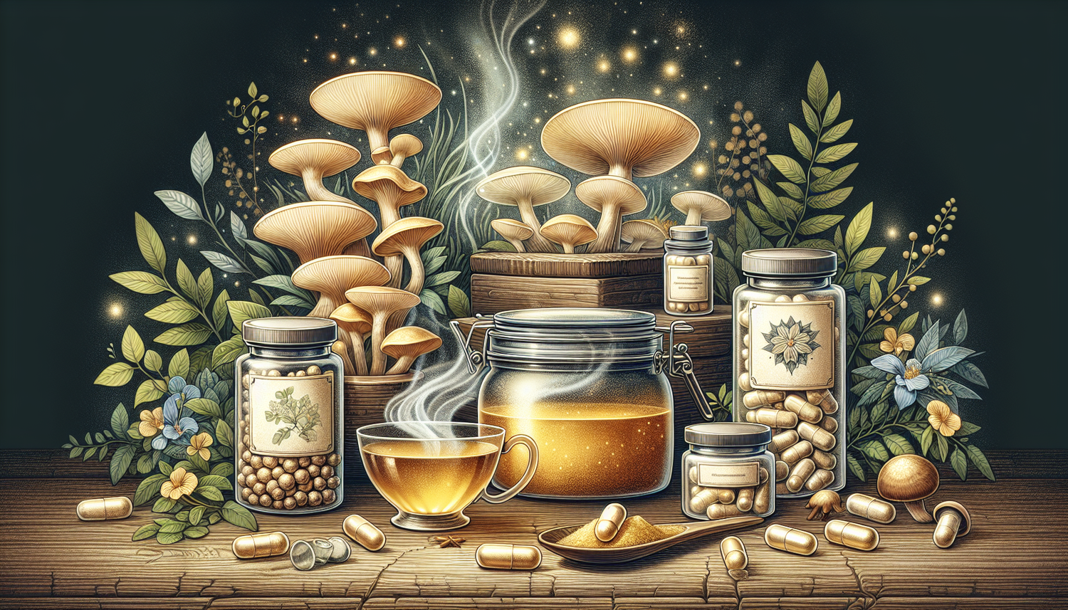 Een illustratie van verschillende manieren om lion's mane te gebruiken, inclusief poeder en capsules.